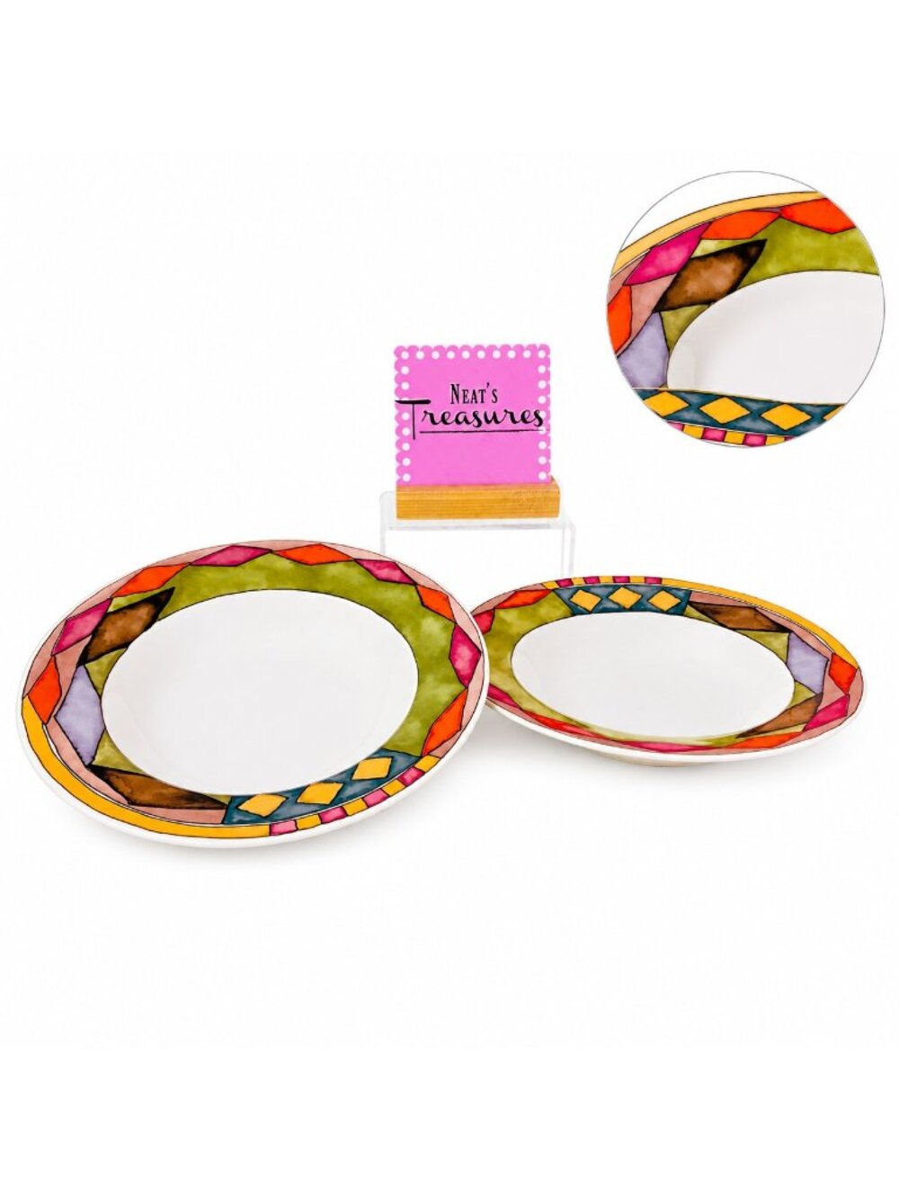 Sasaki PALAZZO Multicolor Diamond Square Shape Porcelain Rim Soup Bowls Set of 2